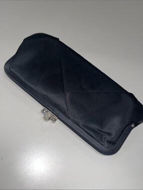Saks Fifth Avenue Black Satin Jeweled Clasp Evening Clutch / Crossbody